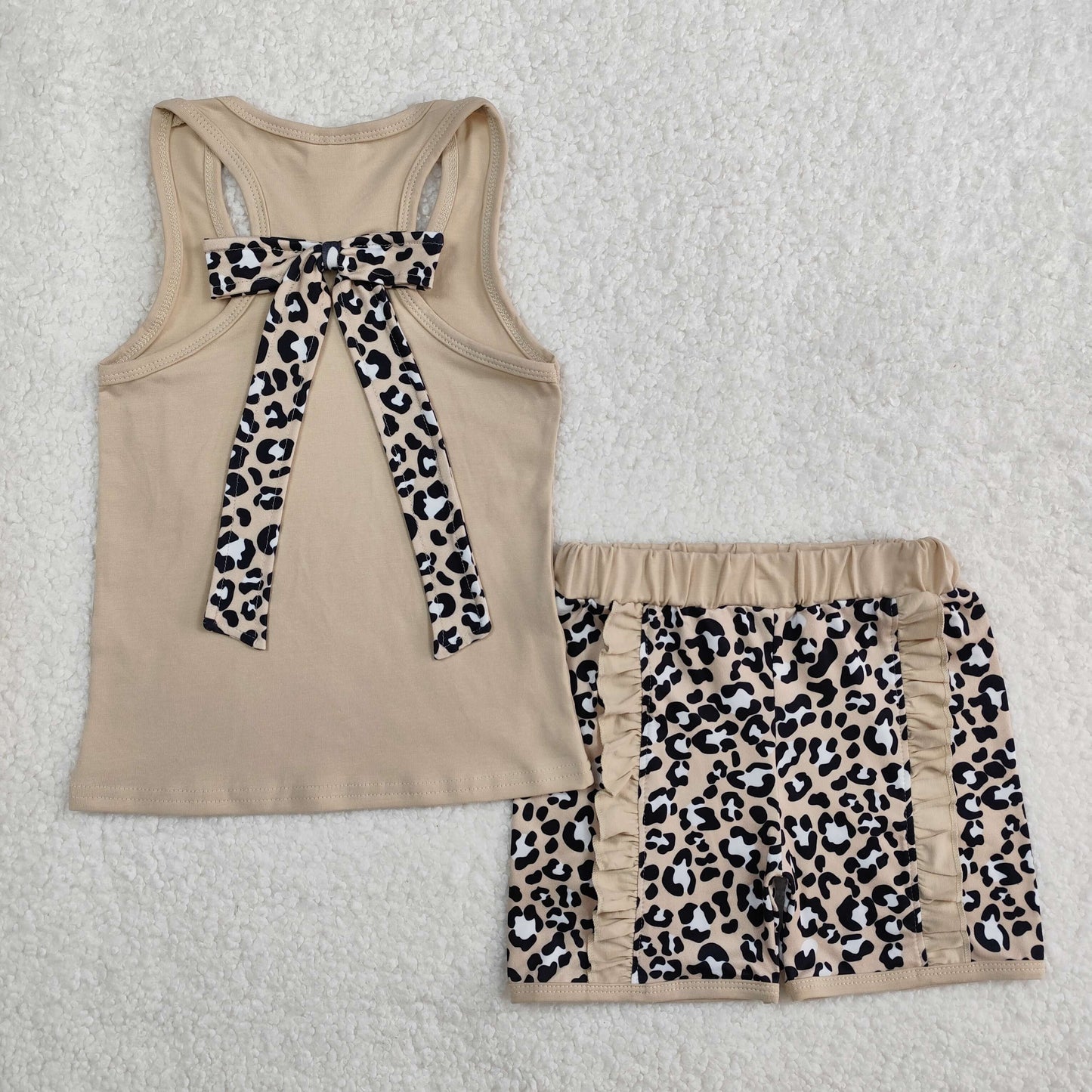 GSSO1979Girls Sleeveless Leopard Bow Ruffle Shorts Khaki Summer Casual Clothing Set for Kids