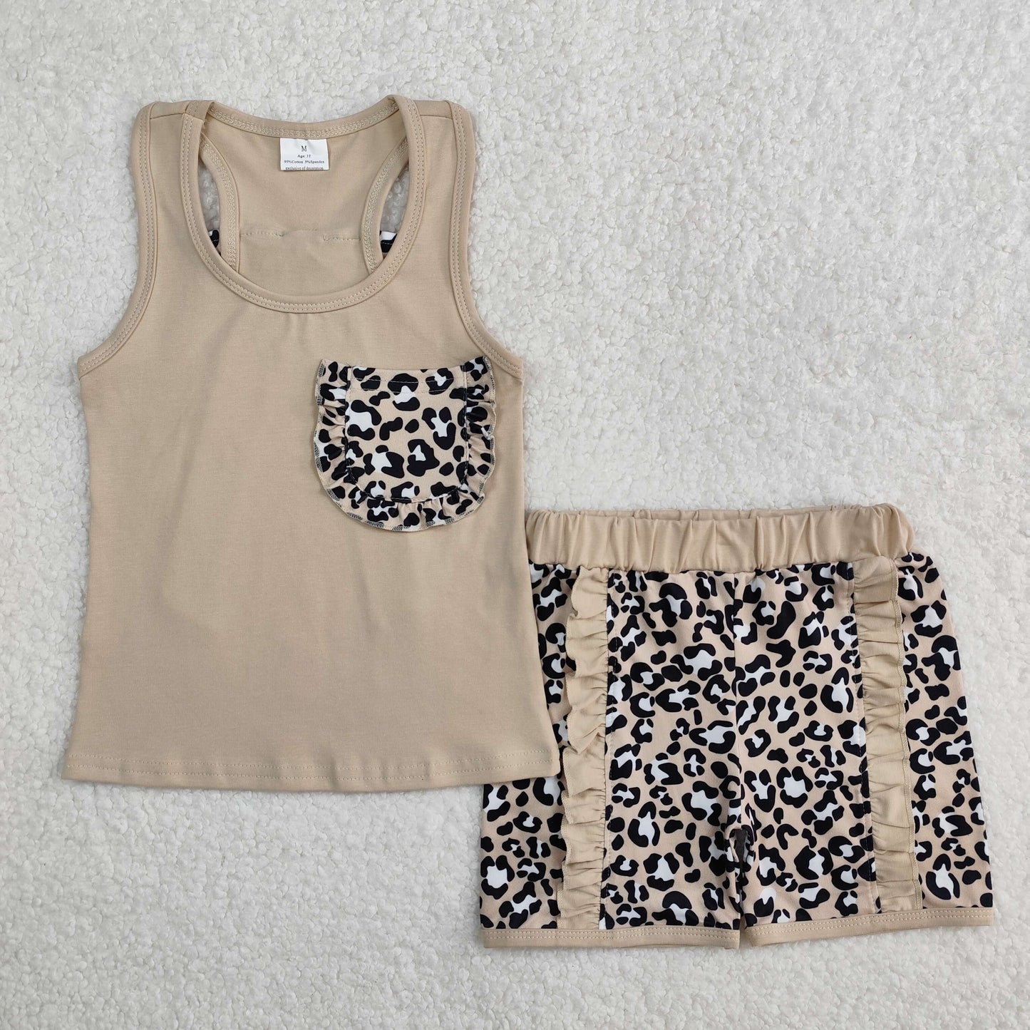 GSSO1979Girls Sleeveless Leopard Bow Ruffle Shorts Khaki Summer Casual Clothing Set for Kids