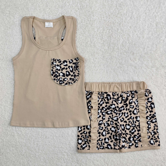 GSSO1979Girls Sleeveless Leopard Bow Ruffle Shorts Khaki Summer Casual Clothing Set for Kids
