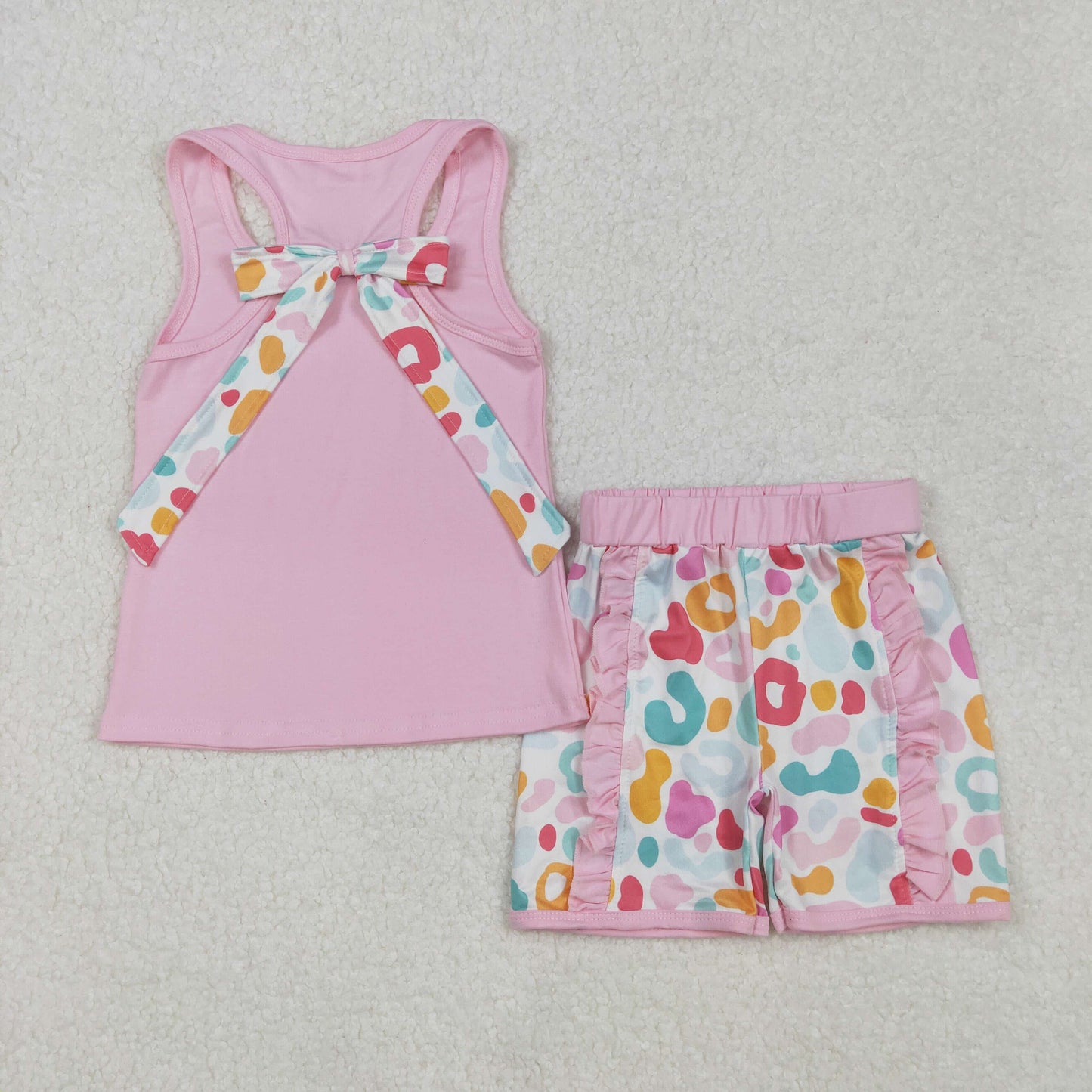 GSSO1981Girls Sleeveless Leopard Bow Ruffle Shorts Pink Casual Comfortable Clothing Set for Kids