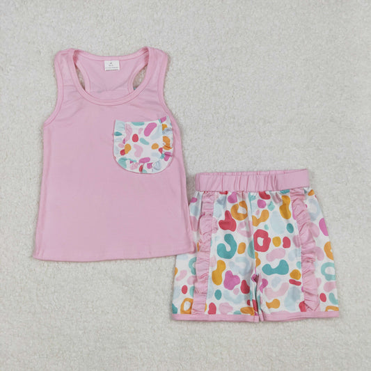 GSSO1981Girls Sleeveless Leopard Bow Ruffle Shorts Pink Casual Comfortable Clothing Set for Kids