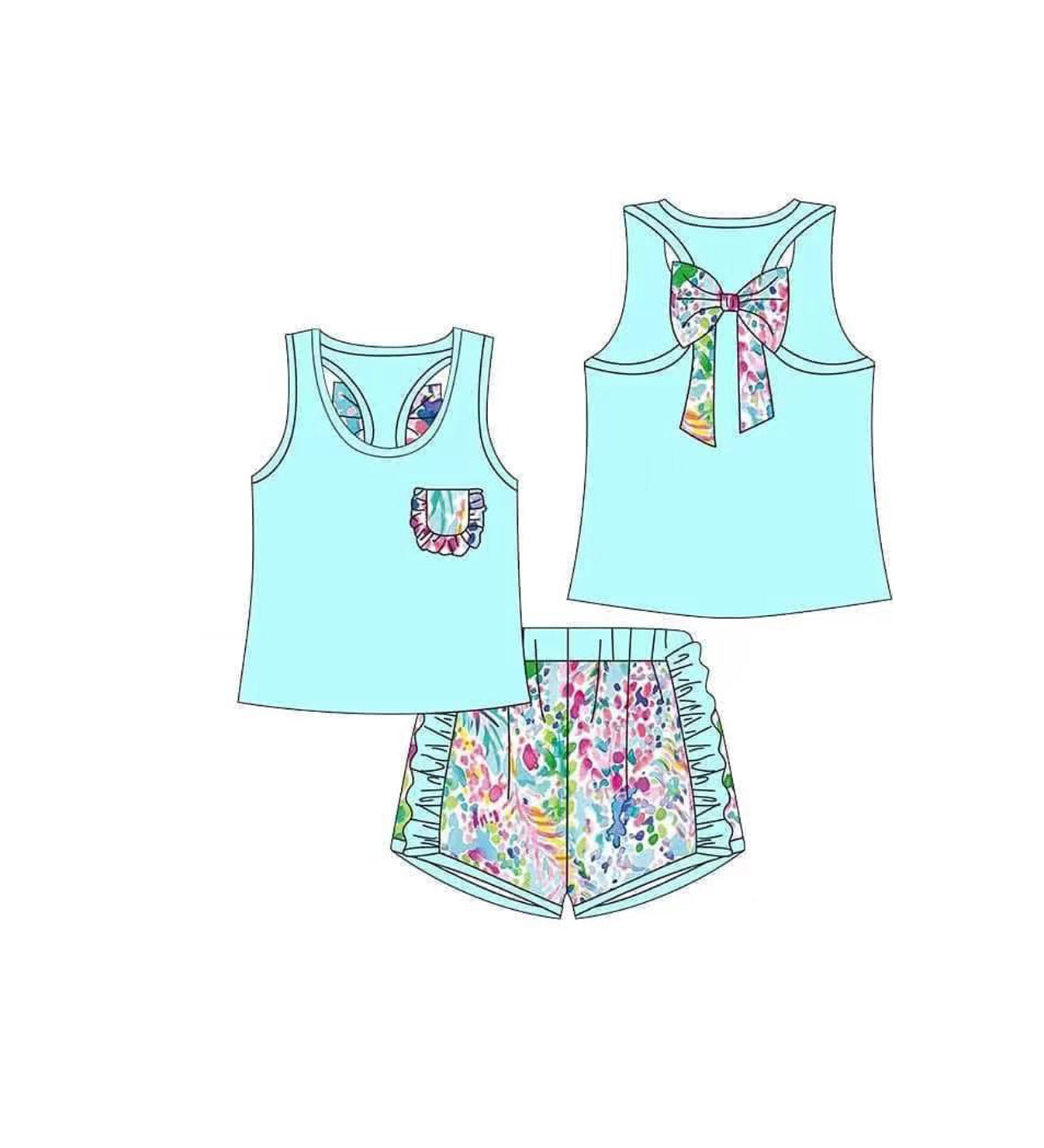 Sleeveless blue watercolor fish bow ruffle shorts girls clothes