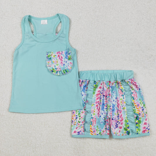 GSSO1982Sleeveless Watercolor Floral Bow and Ruffle Shorts Ensemble for Girls