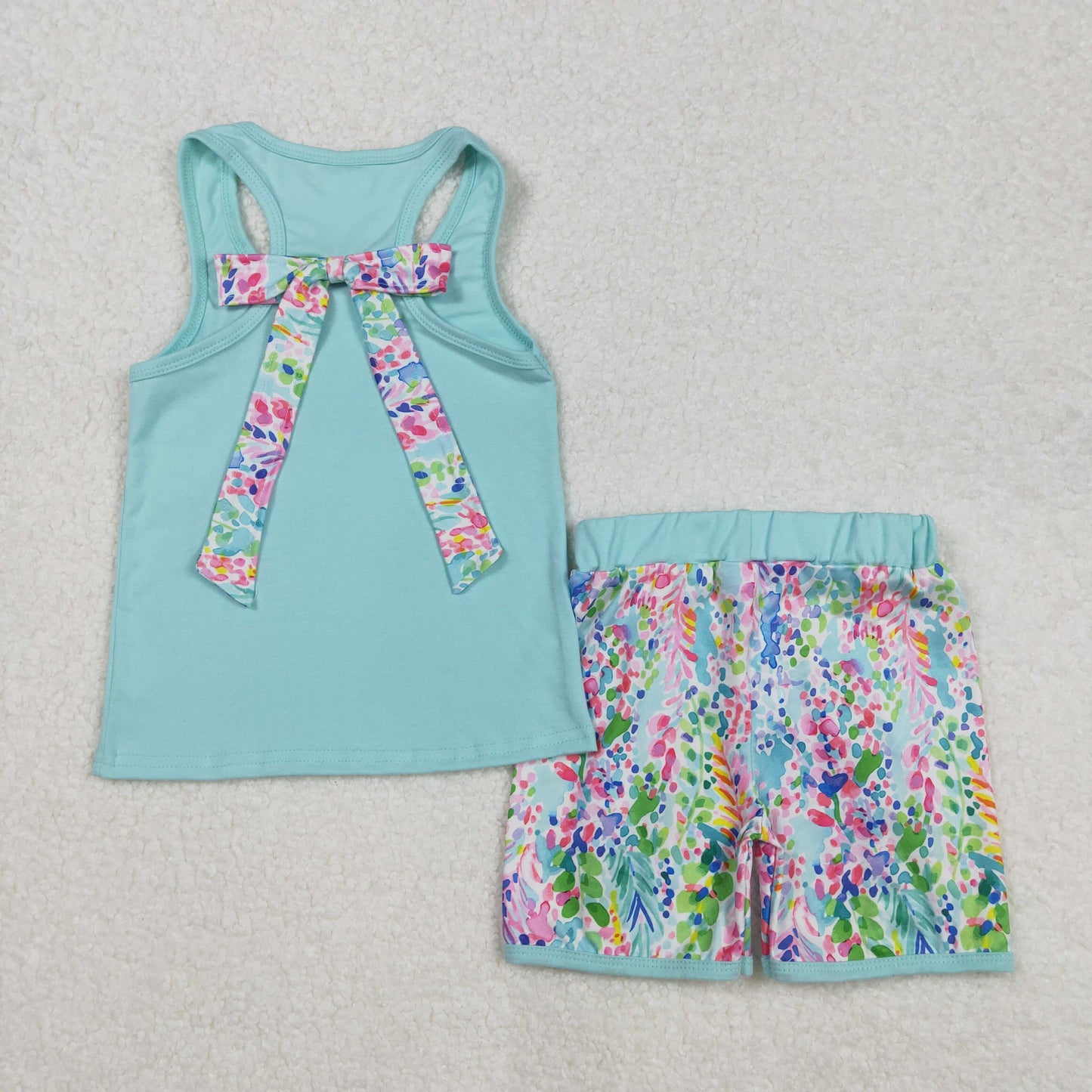 GSSO1982Sleeveless Watercolor Floral Bow and Ruffle Shorts Ensemble for Girls
