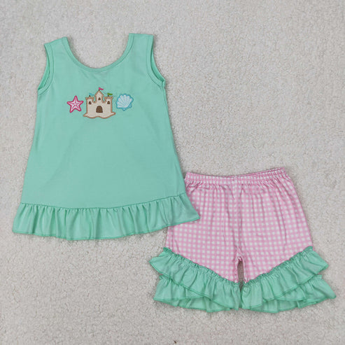 12.3 RTS Sibling Embroidery Baby Girls Castle Star Summer Outfits Sets