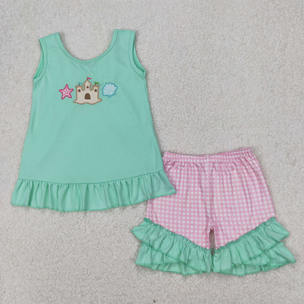 4.08 GSSO1983 RTS NO MOQSleeveless starfish shell castle top shorts girls summer clothes