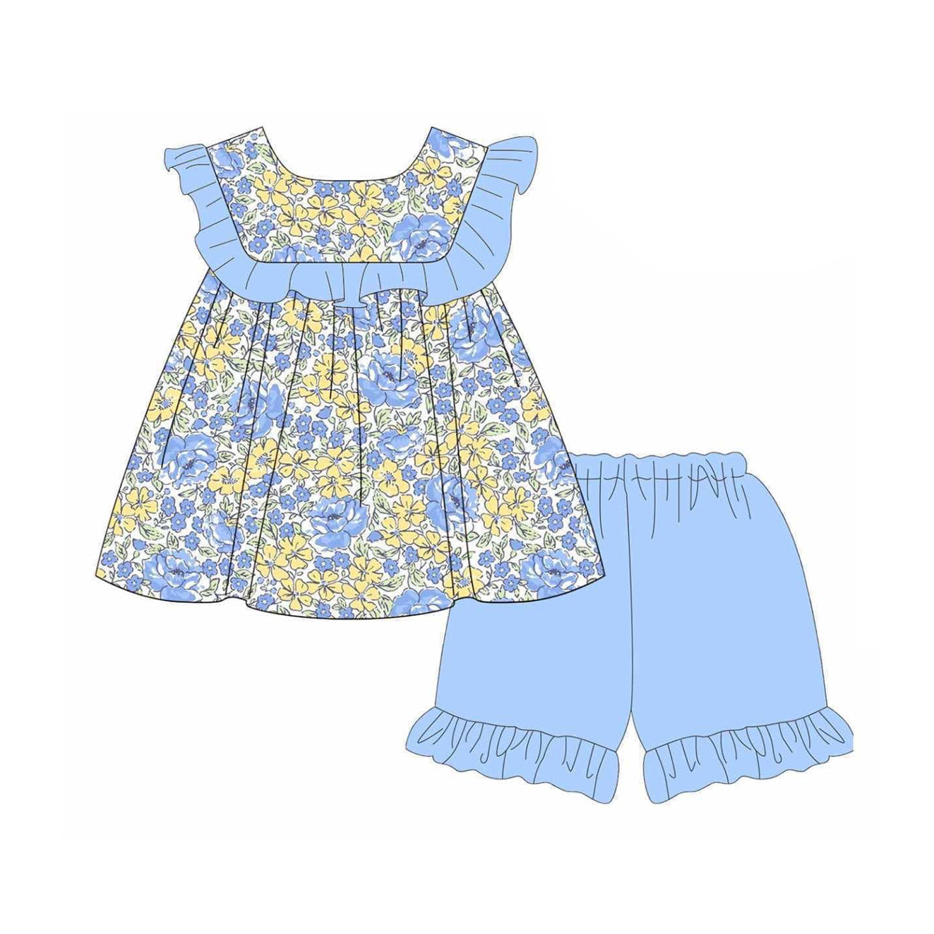 Blue ruffle floral tunic shorts kids girls summer clothes