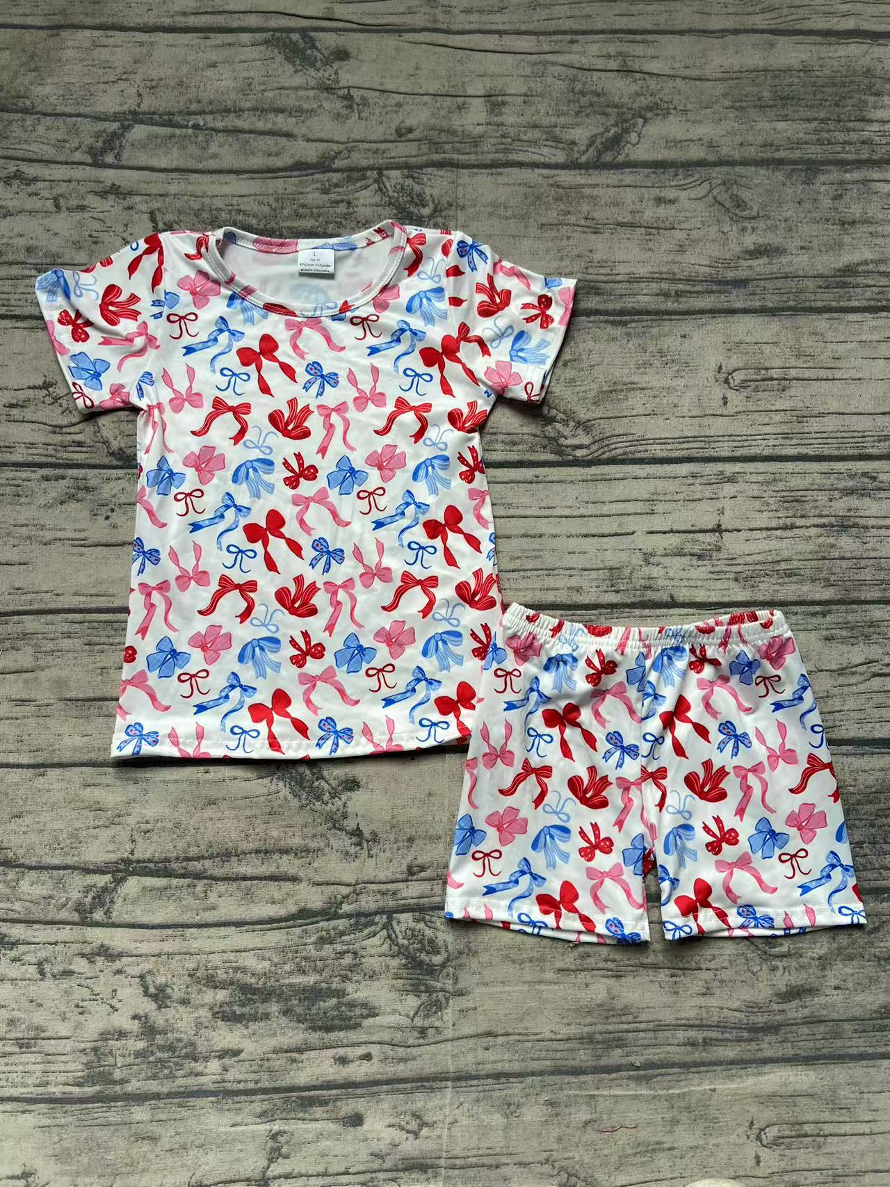 GSSO1992Girls Short Sleeve Bow Shirt Red Blue 4th of July Clothing for Kids