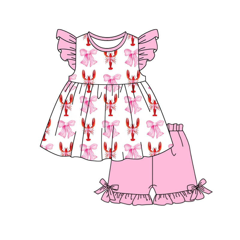 Pink flutter sleeves crawfish bow baby girls outfits