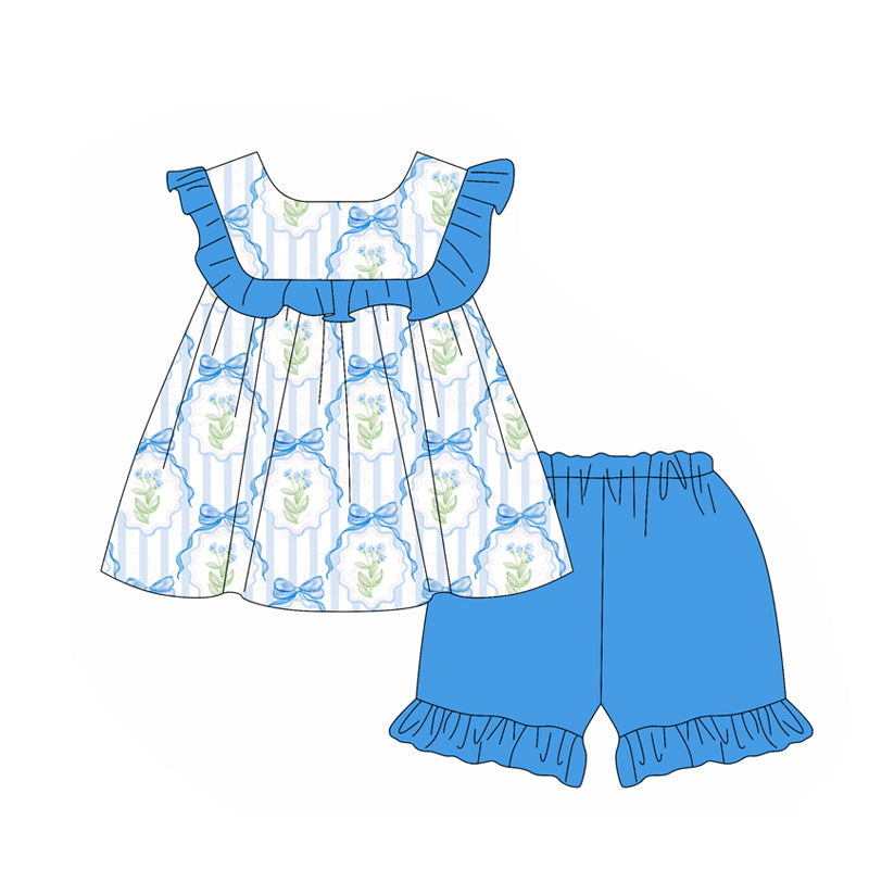 Blue ruffle floral bow tunic shorts girls summer outfits