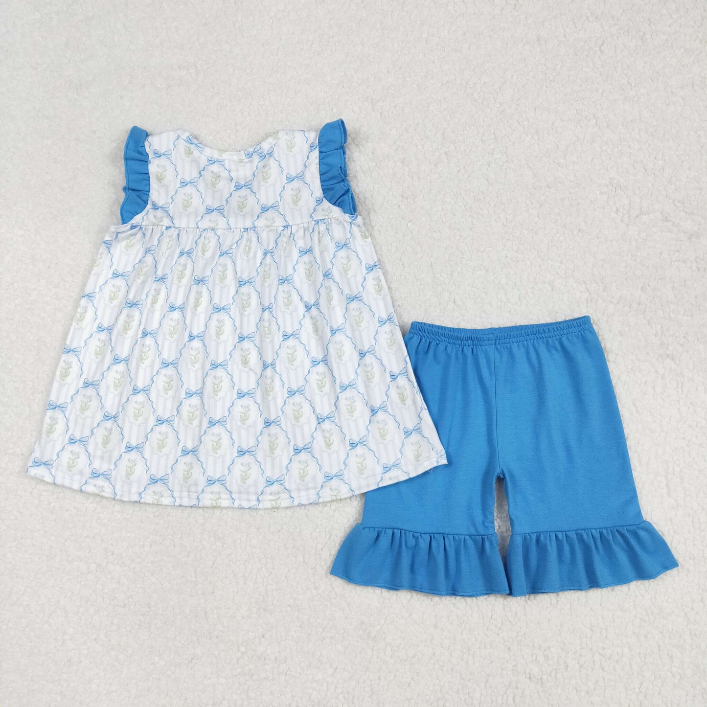 GSSO2004Fashionable Blue Ruffle, Floral Bow Tunic with Matching Shorts for Girls’ Summer