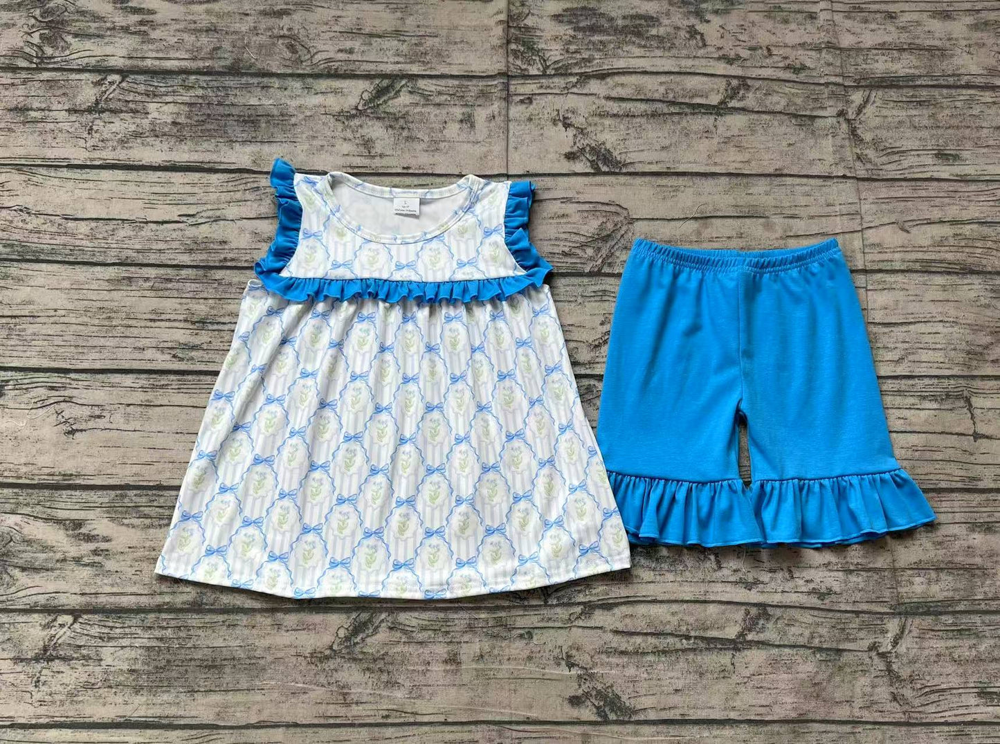 GSSO2004Blue ruffle floral bow tunic shorts girls summer outfits