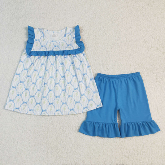 GSSO2004Fashionable Blue Ruffle, Floral Bow Tunic with Matching Shorts for Girls’ Summer