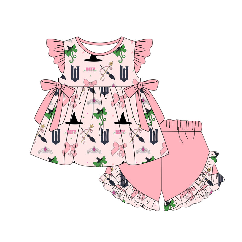 Flutter sleeves bow witches tunic shorts girls clothing