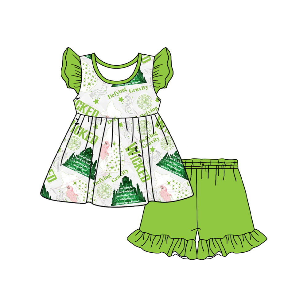 Green flutter sleeves witches tunic shorts girls outfits