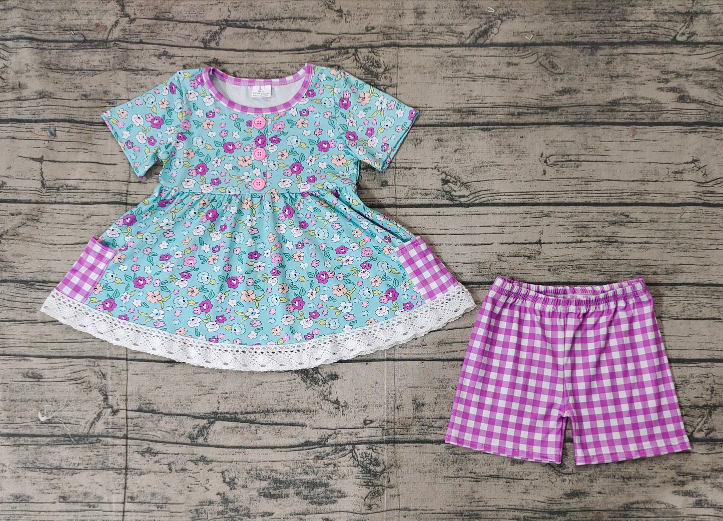 GSSO2011Floral pocket tunic lavender plaid shorts girls clothes