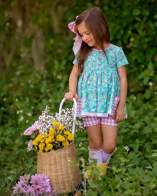 GSSO2011Floral pocket tunic lavender plaid shorts girls clothes
