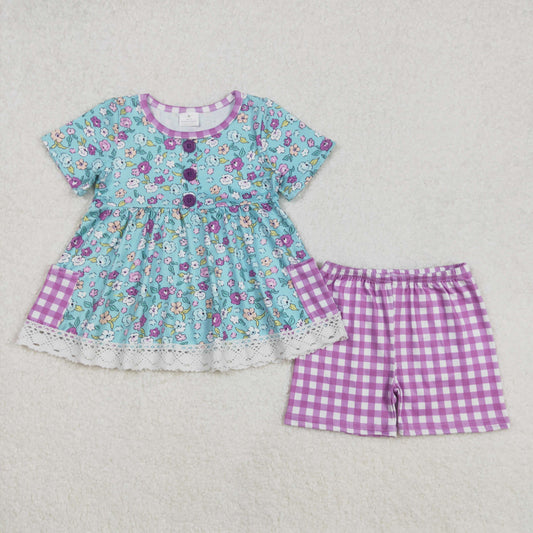 GSSO2011Girls Floral Pocket Tunic Lavender Plaid Shorts Set - Spring/Summer Outfit for Kids