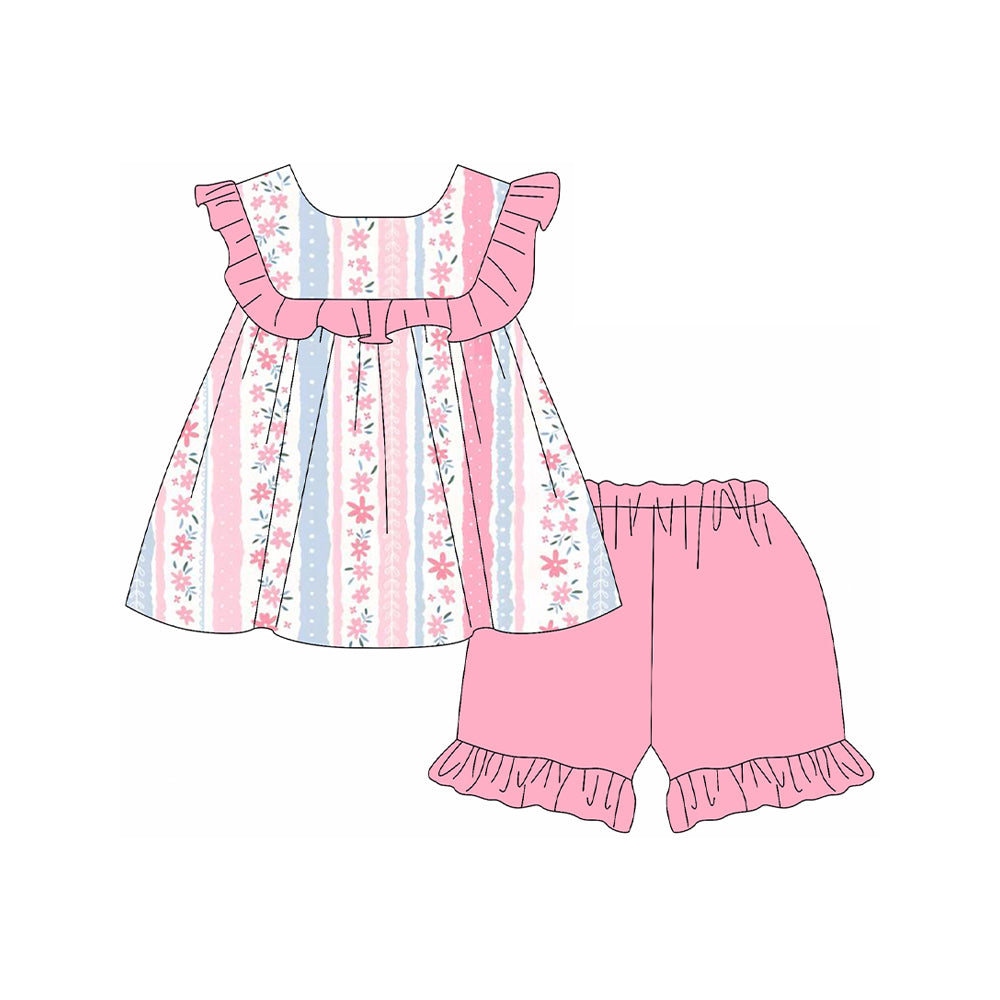Pink ruffle floral tunic shorts kids girls summer clothes