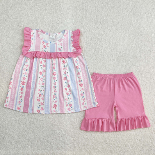 GSSO2012Kids Girls Pink Ruffle Floral Tunic Short Set Summer Clothing Floral Print Ruffle Hem Top And Shorts Combo for Little Girls