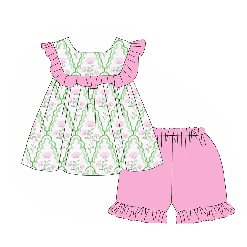 Ruffle green pink floral tunic shorts girls summer outfits