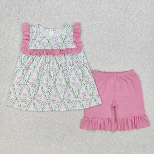 GSSO2013RTS NO MOQ Baby Girls Summer Outfits Flower Leaf Green Plaid Pink Lace Sleeveless Shorts Set