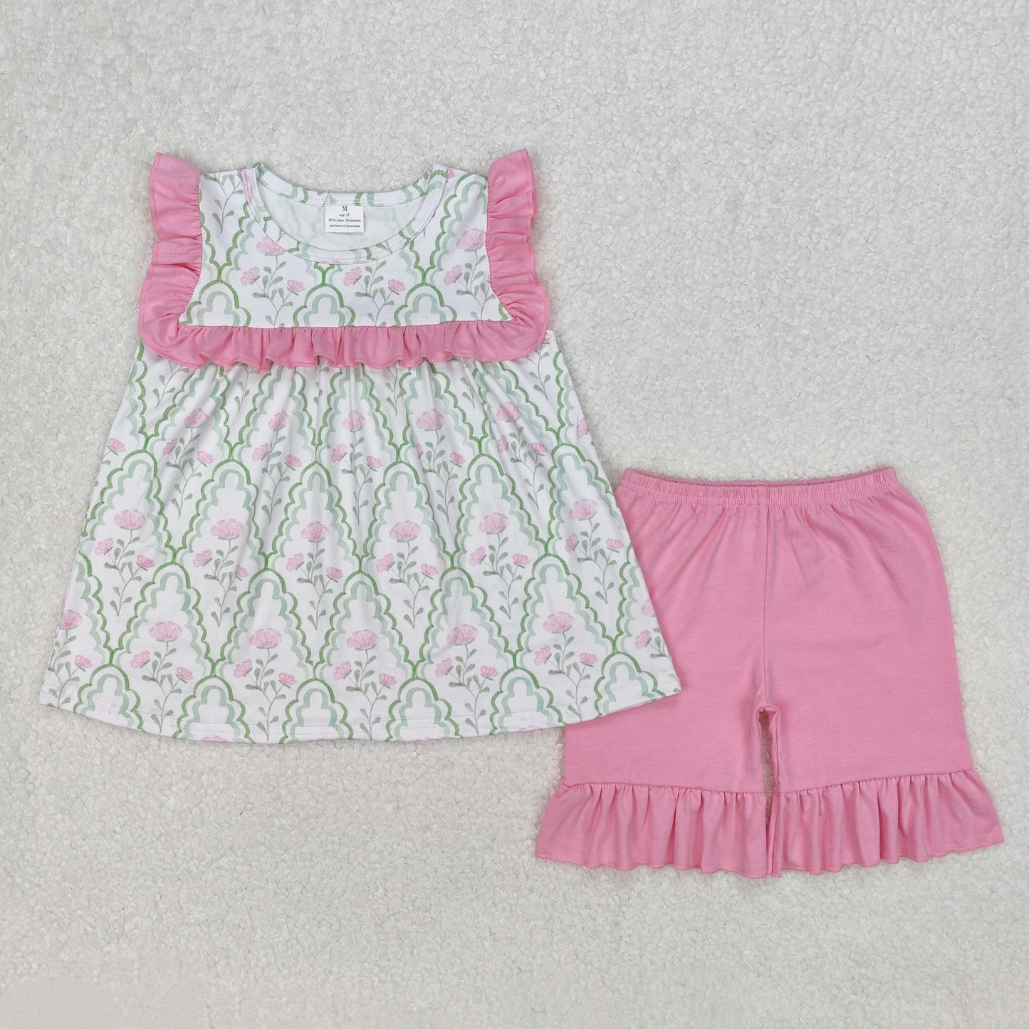 GSSO2013RTS NO MOQ Baby Girls Summer Outfits Girls Ruffle Green Pink Floral Tunic Short Set Summer Outfit Cute Floral Print Top And Shorts Combo for Little Girls