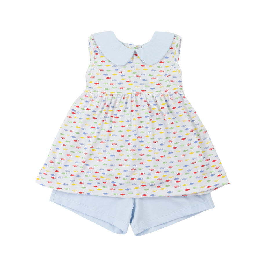 Sleeveless colorful fish tunic light blue shorts girls clothes