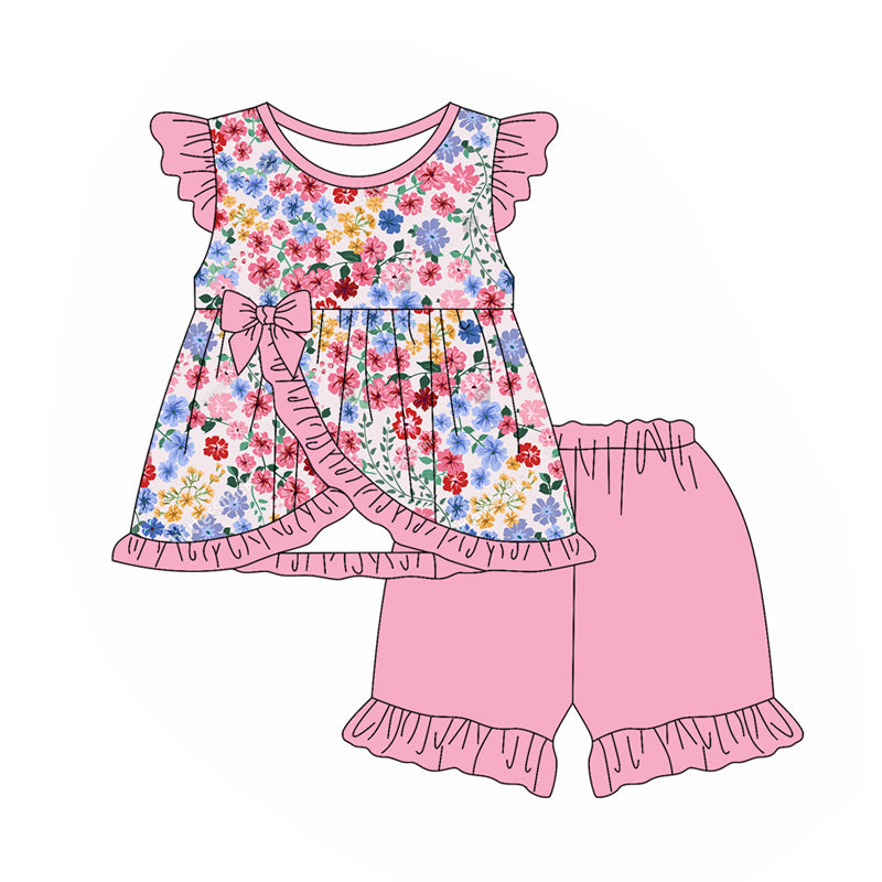 Flutter sleeves floral pink ruffle tunic shorts girls clothes
