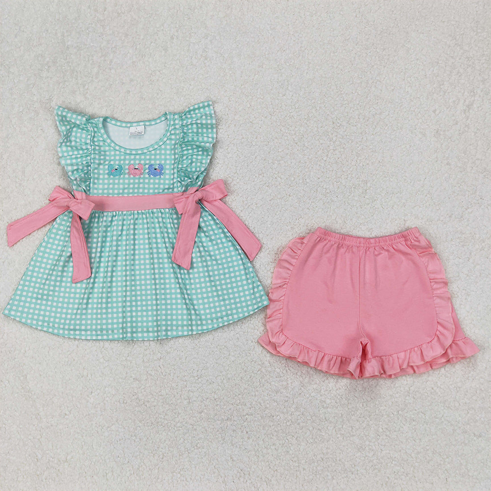 6.13  GSSO2017 RTS NO MOQ Baby Girls Summer Outfits Flutter sleeves plaid crab tunic pink shorts girls clothes