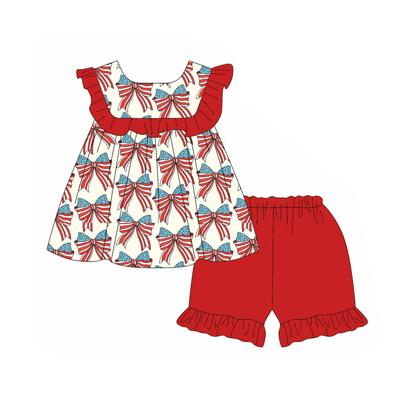Red ruffle stars stripe bow kids girls 4th of july outfits