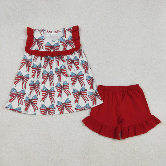 GSSO2019Kids Girls Red Ruffle Stars And Stripes Bow Outfit 4th of July Patriotic Clothing Set