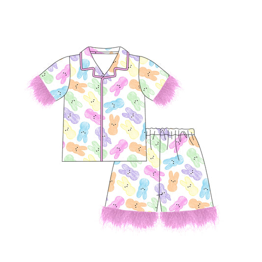 GSSO2020Colorful bunny fur girls Easter button down pajamas