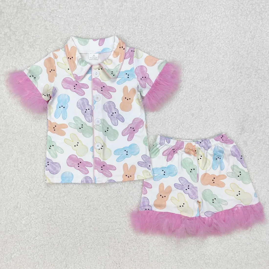 10.4 RTS Sibling Baby Girls Easter Rabbits Bows Fur Shirts Shorts Pajamas