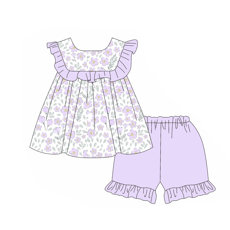 Lavender ruffle floral tunic shorts girls summer outfits