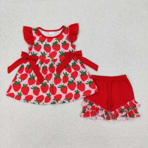 9.17  RTS Sibling Baby Girls Red Short Sleeves Strawberry Bows Ruffle Shorts Clothes Sets Footie Rompers