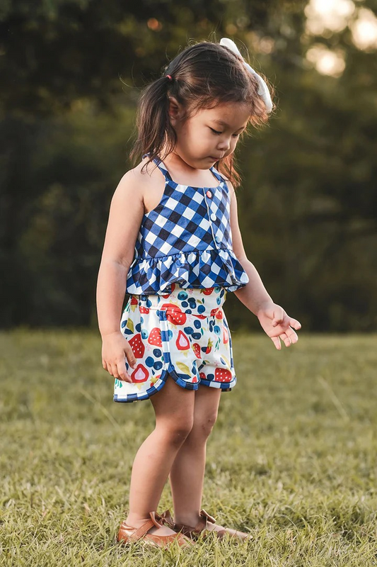 GSSO2025Blue plaid peplum blueberry strawberry shorts girls clothes
