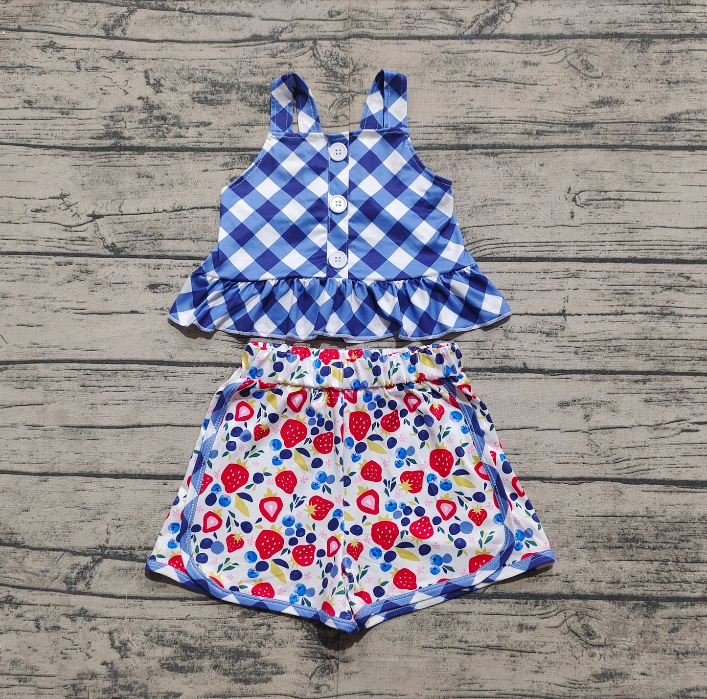 GSSO2025Girls Plaid Peplum Shorts Blueberry Strawberry Print Cute Feminine Summer Fashionable Clothing for Little Girls