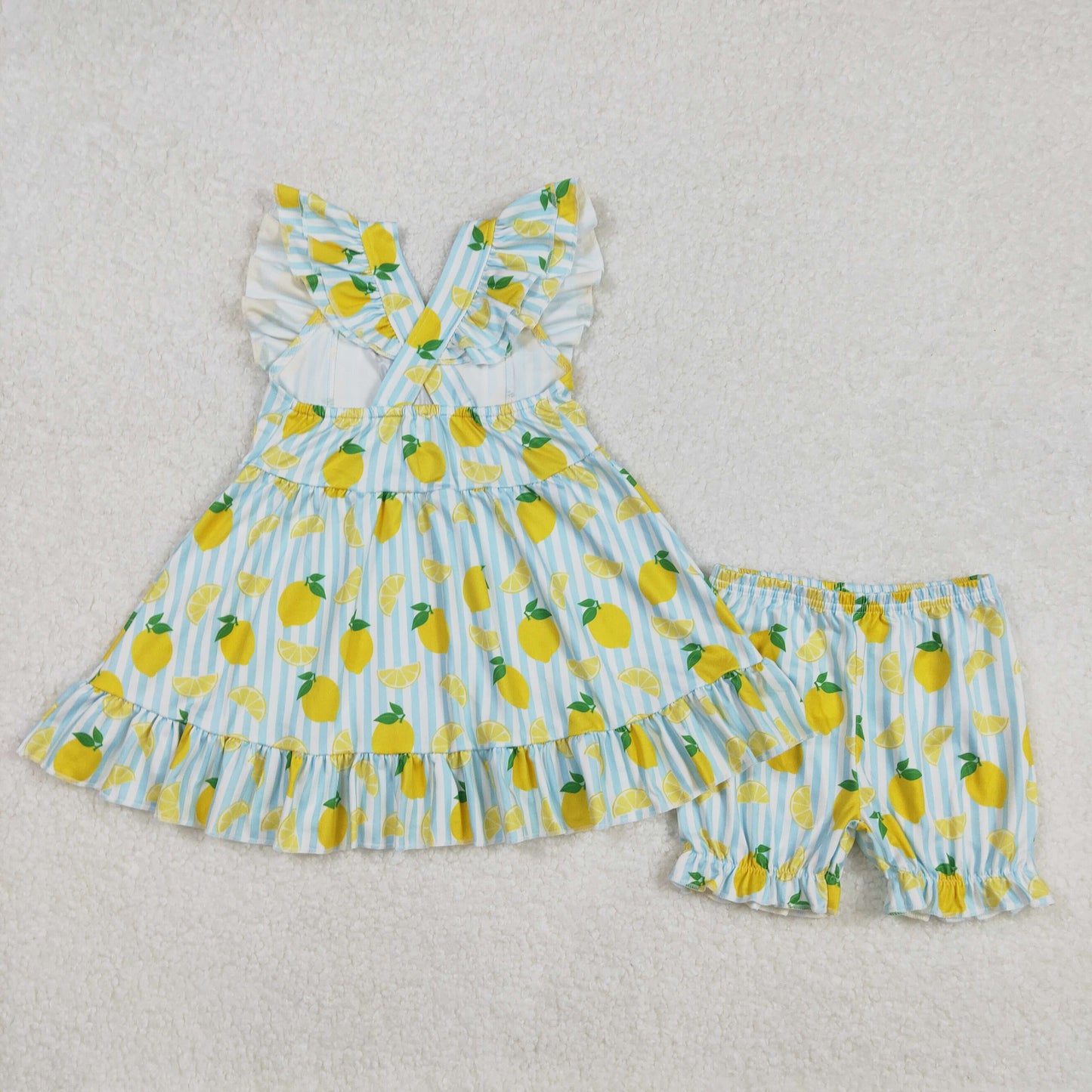 GSSO2026Girls Flutter Sleeve Striped Lemon Tunic Shorts Set Cute Summer Outfit Children's Clothing
