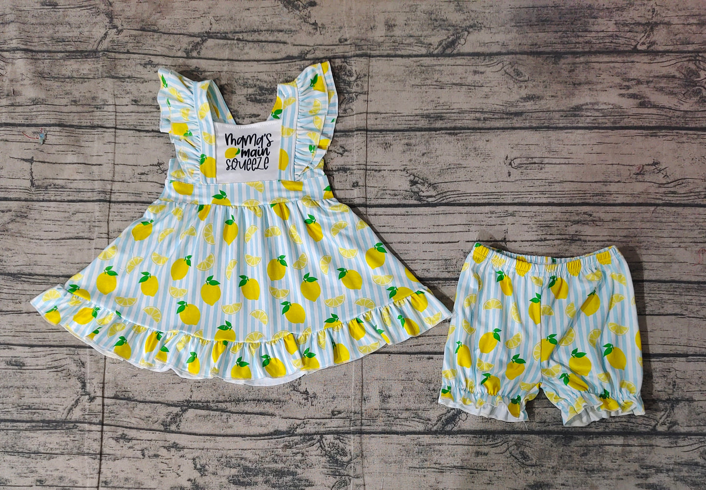 GSSO2026Girls Flutter Sleeve Striped Lemon Tunic Shorts Set Cute Casual Outfit for Kids
