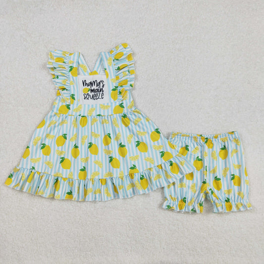 GSSO2026Girls Flutter Sleeve Striped Lemon Tunic Shorts Set Cute Summer Outfit Children's Clothing