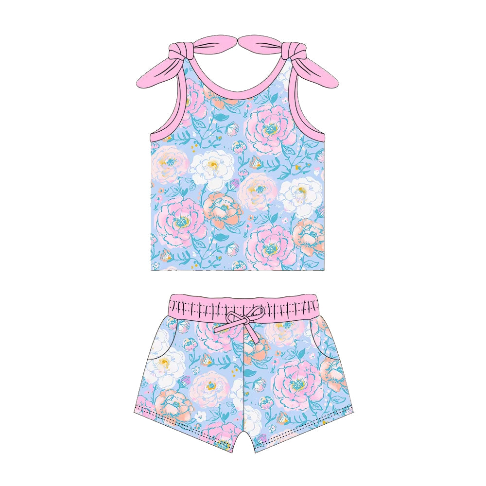 Sleeveless pink green floral top shorts girls clothes