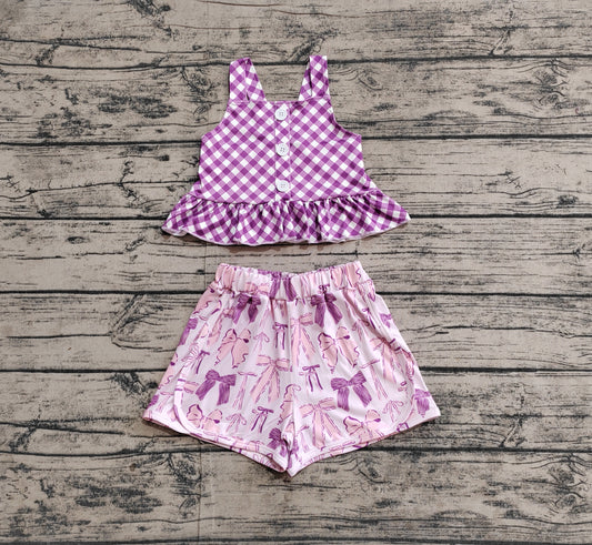 GSSO2035RTS NO MOQ Baby Girls Summer Outfits Baby Girls Purple Checkered Straps Top Bows Shorts Clothes Sets