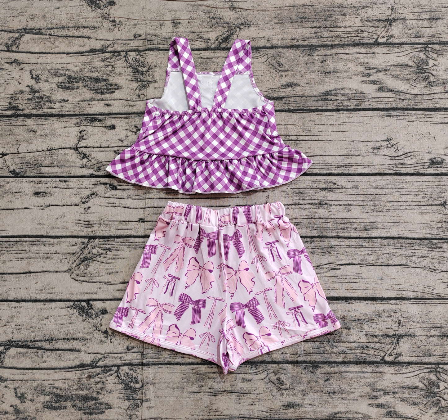GSSO2035RTS NO MOQ Baby Girls Summer Outfits Baby Girls Purple Checkered Straps Top Bows Shorts Clothes Sets