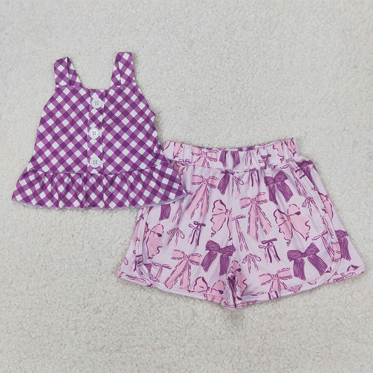 GSSO2035RTS NO MOQ Baby Girls Summer Outfits Purple plaid peplum bow shorts kids girls summer outfits
