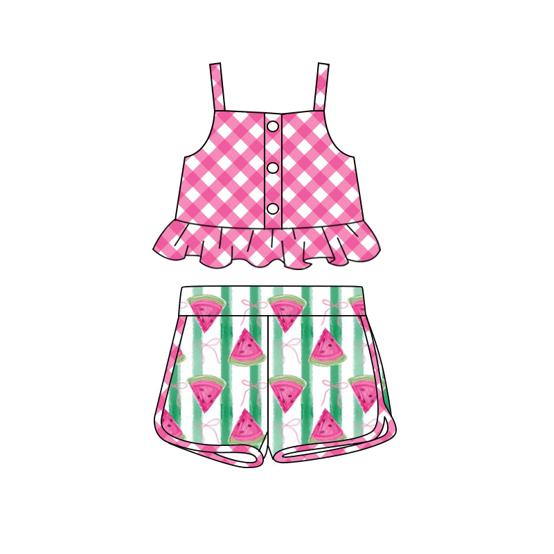 GSSO2036Pink plaid peplum watermelon shorts kids girls summer outfits