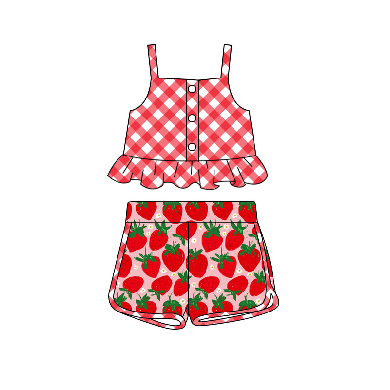 GSSO2037Red plaid peplum strawberry shorts kids girls summer outfits
