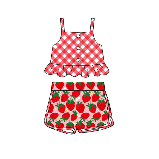GSSO2037Red plaid peplum strawberry shorts kids girls summer outfits