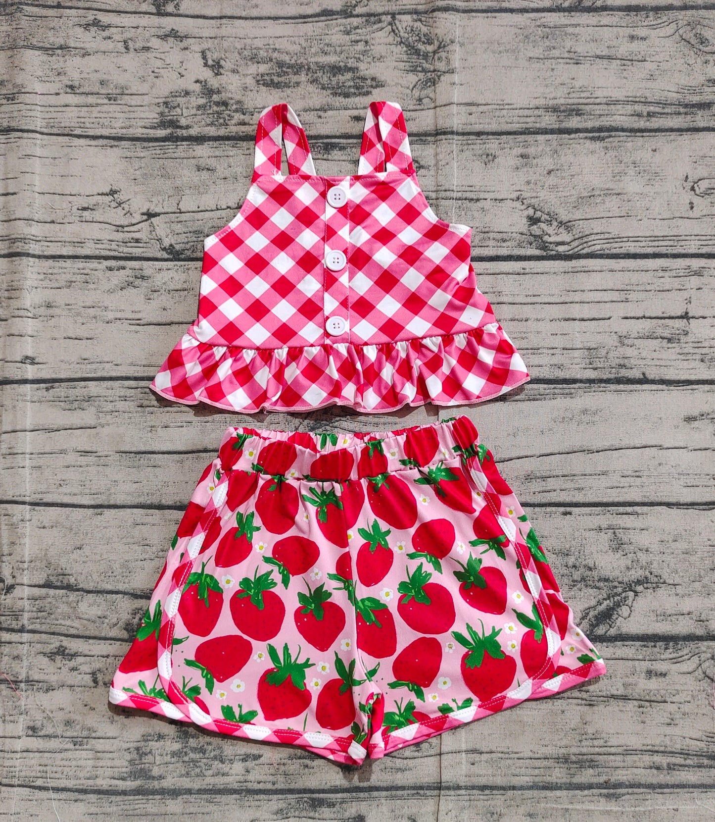 GSSO2037Kids Girls Red Plaid Peplum Strawberry Shorts Summer Outfits Casual Breathable Clothing for Children