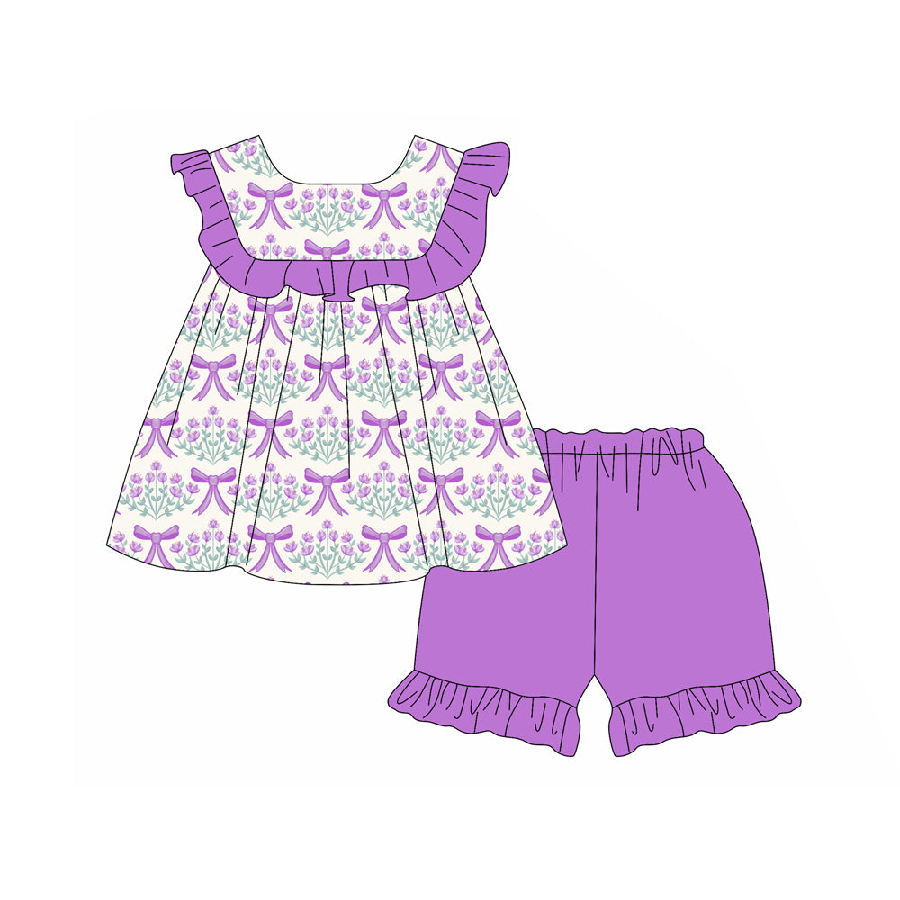Purple ruffle bow floral tunic shorts girls summer clothes